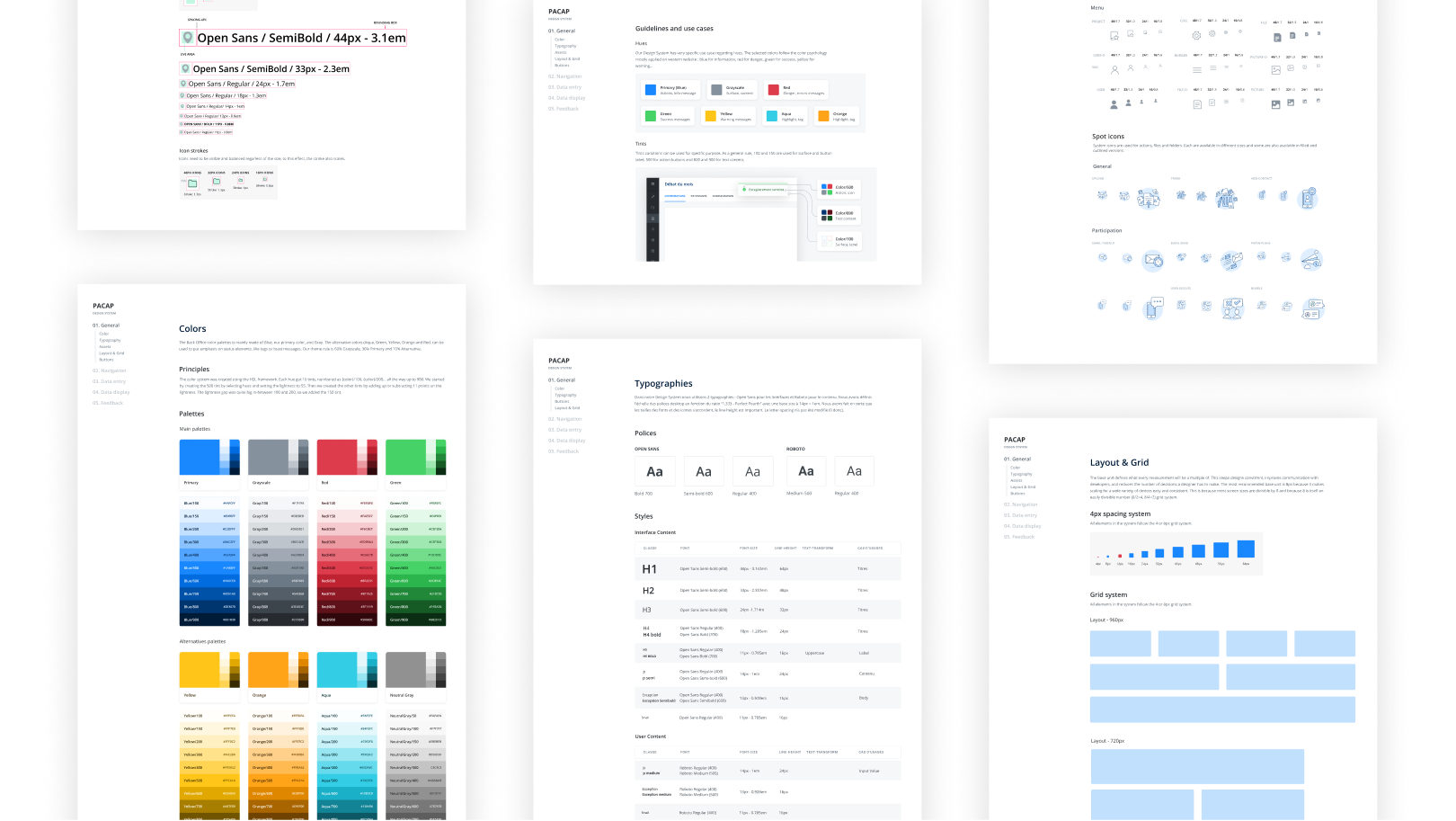 Artboards of the Design System documentation depicting colour palettes, layout grid and typography.